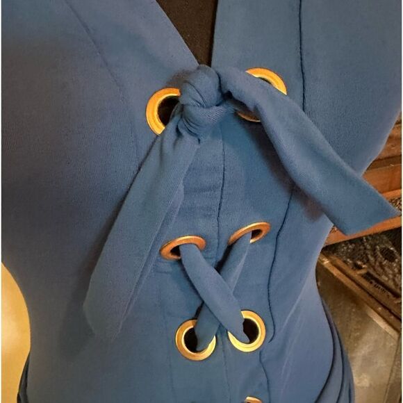 Sexy lace up front one piece swimsuit with gold grommets medium blue size 8 GUC - Picture 7 of 10